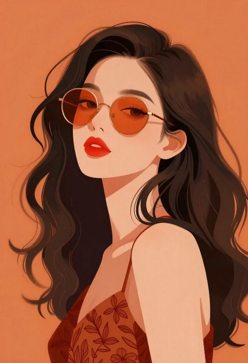 Illustration of woman with dark hair on orange background - AI generated image prompt sample