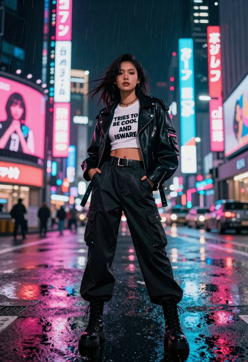 Woman in leather jacket on neon lit rainy city street