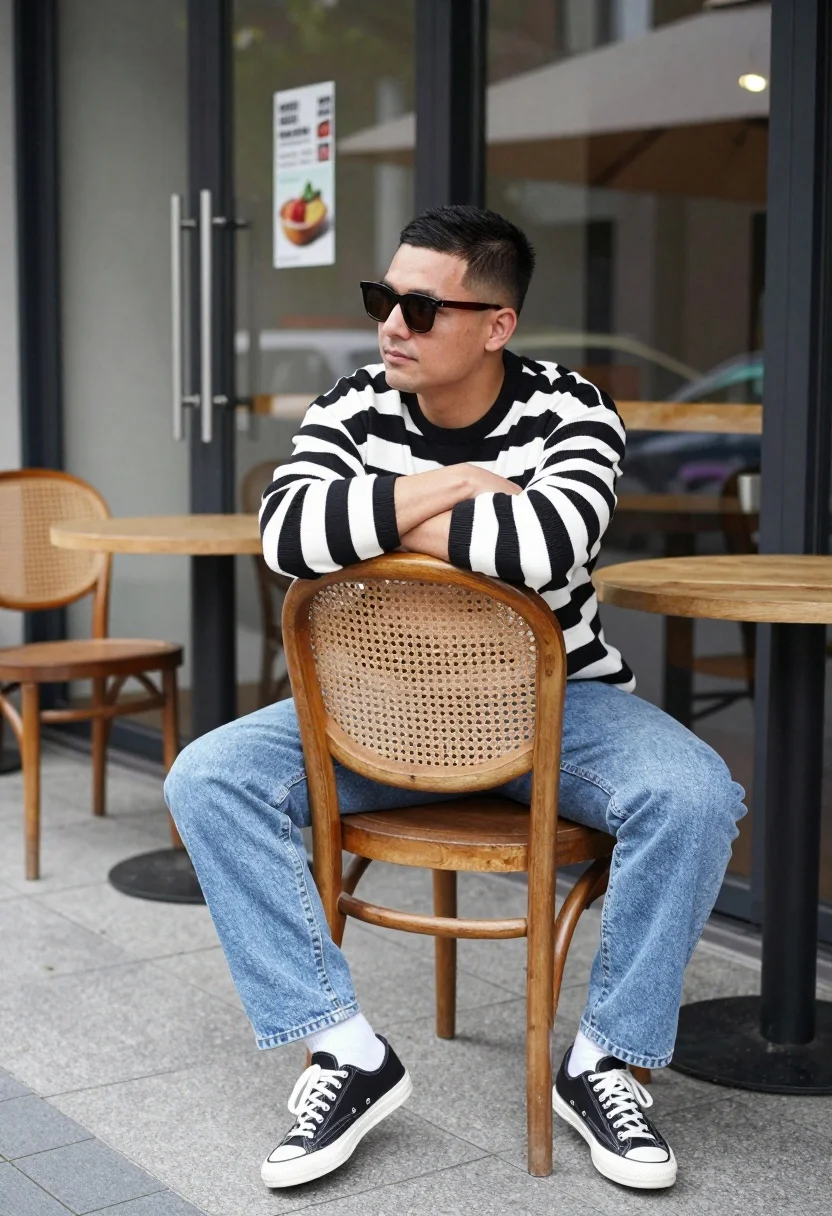 Man sitting casually on wooden chair outside glass cafe patio area - AI generated image prompt sample