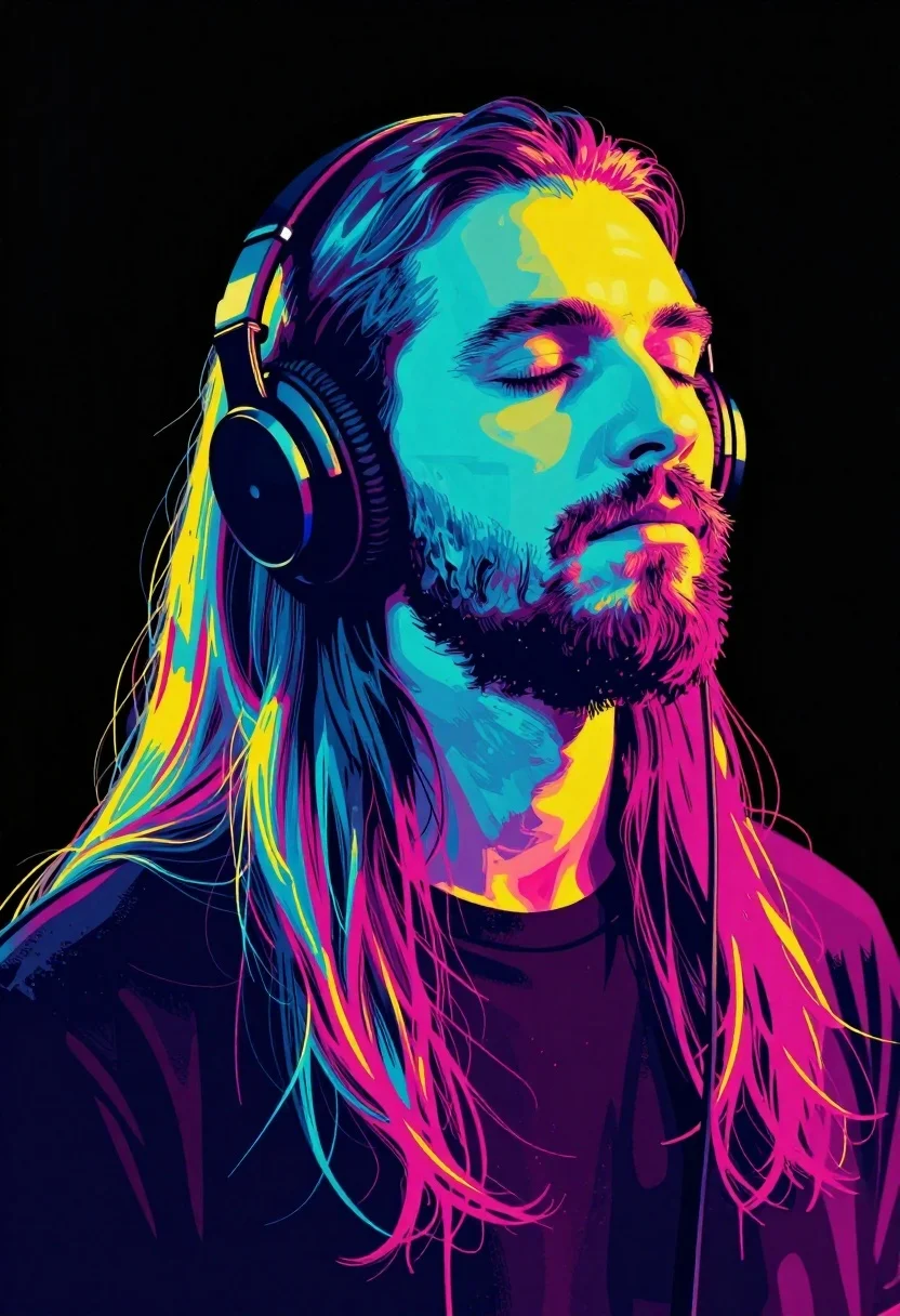 Stylized portrait of man with headphones in black void