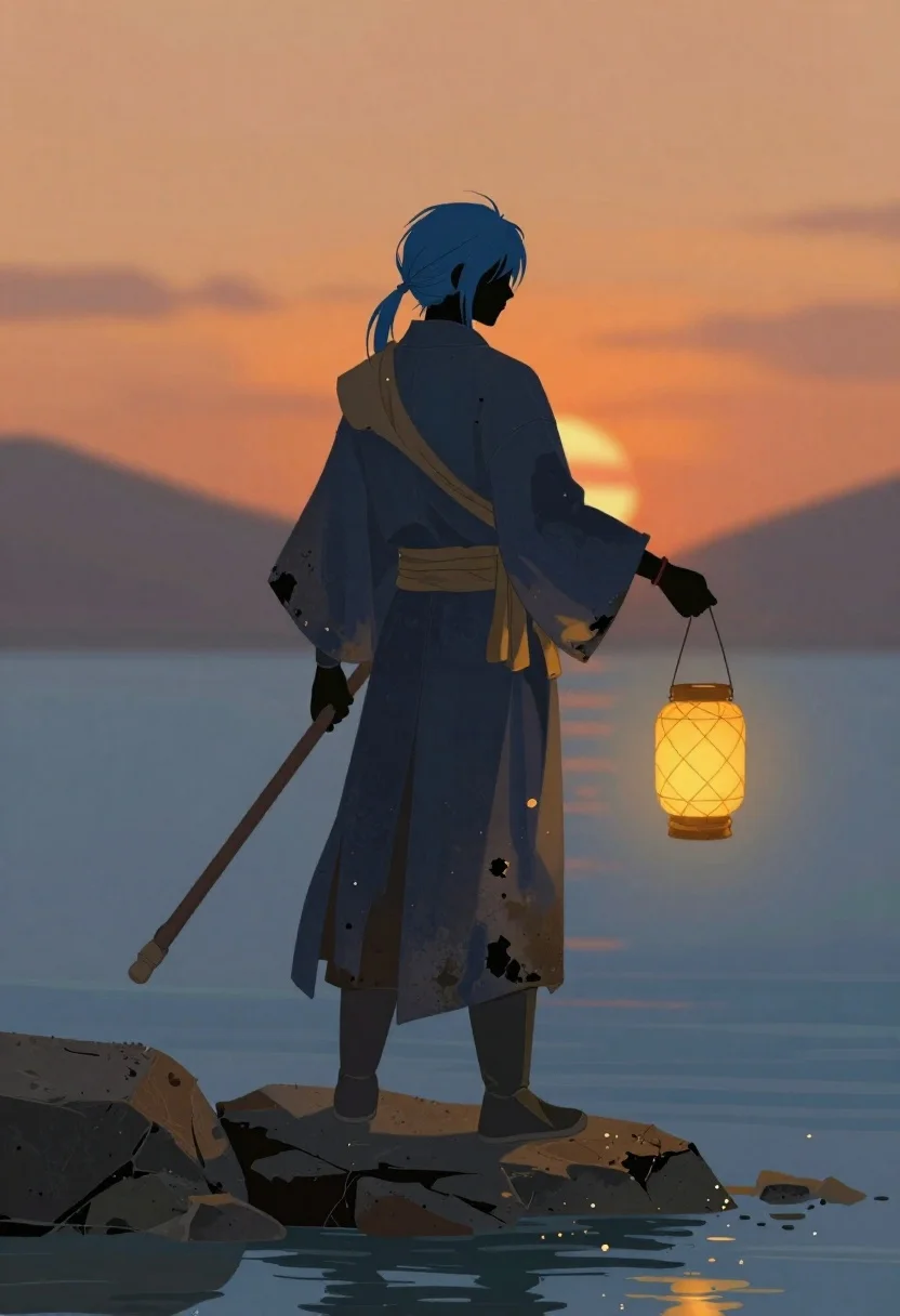 Androgynous warrior standing by water at sunset