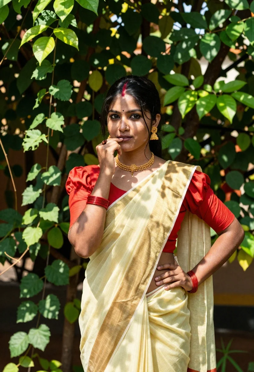 Young woman in yellow saree standing in lush green garden foliage