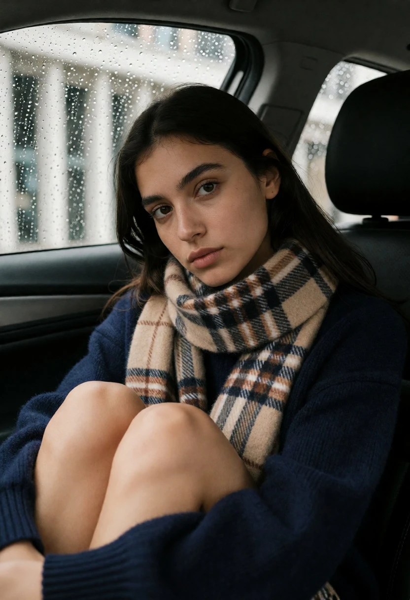 Young woman in navy sweater sitting in car during rainy day closeup - AI generated image prompt sample