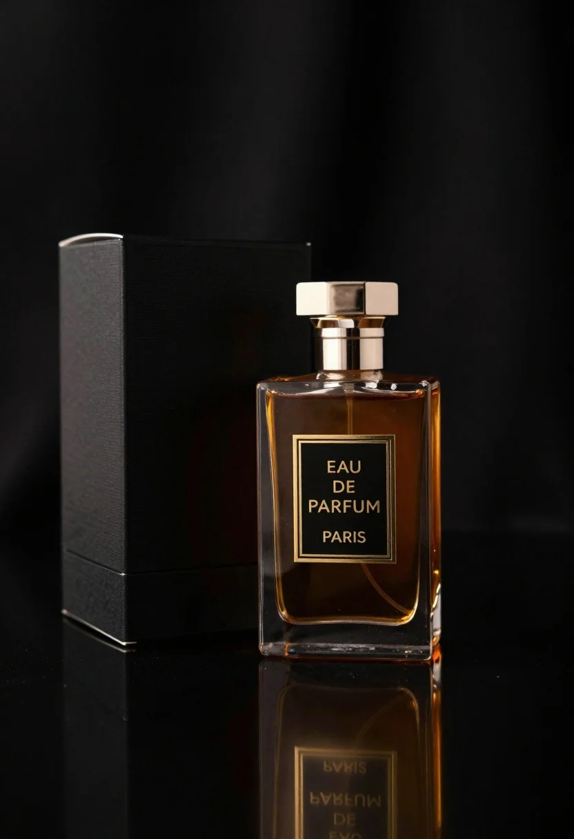 Close up of luxury perfume bottle and black packaging box display - AI generated image prompt sample
