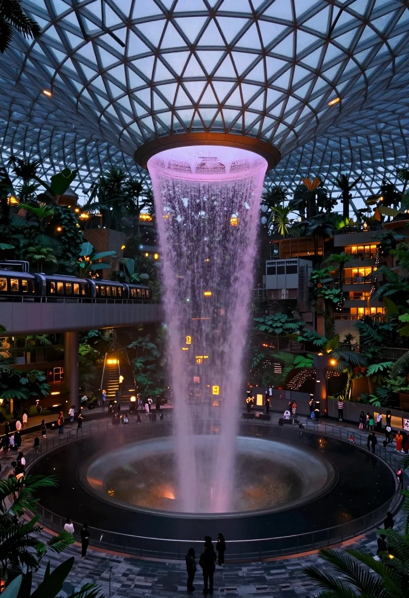 Massive indoor waterfall cascading into pool surrounded by tropical greenery and people - AI generated image prompt sample
