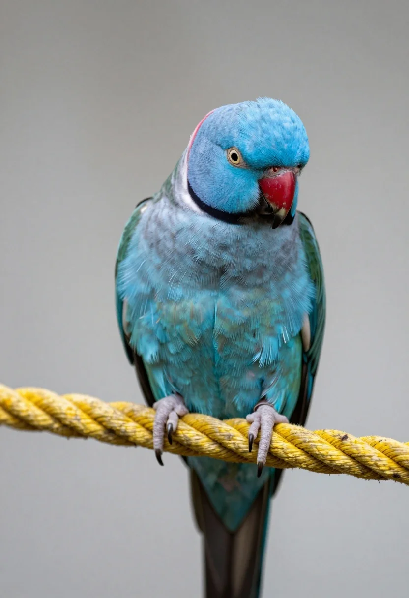 Close up portrait of vibrant blue indian ringneck parrot on yellow rope - AI generated image prompt sample