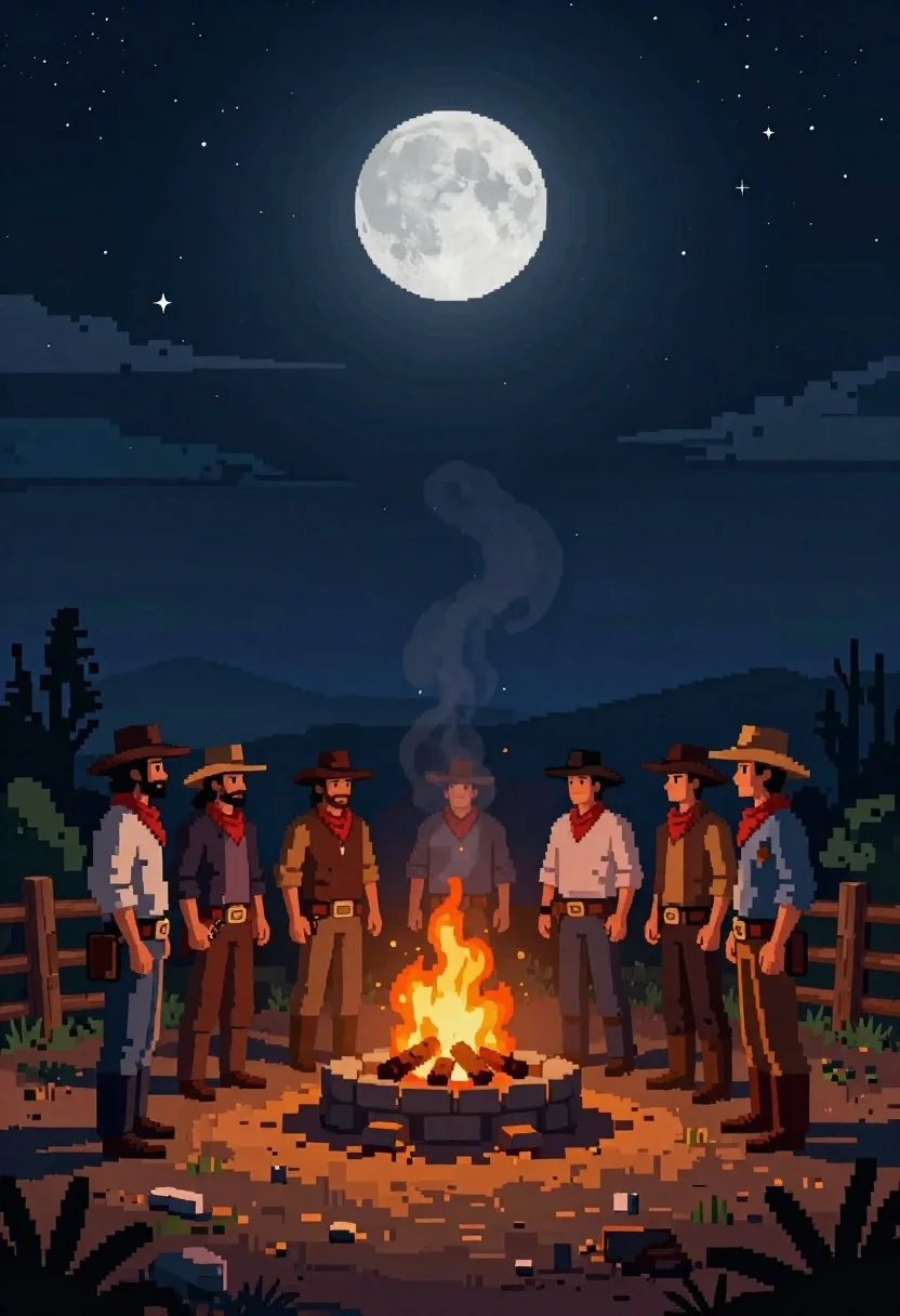 Pixel art cowboys around a campfire under starry night