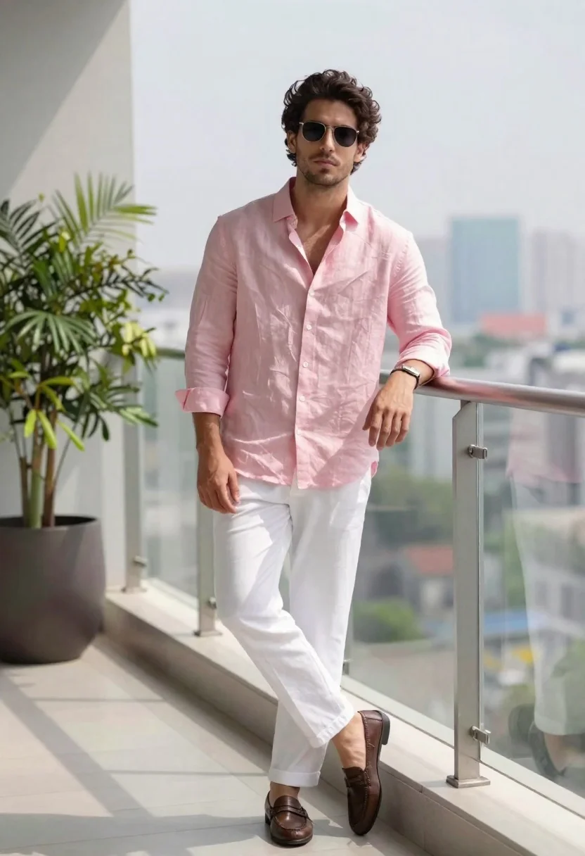 Stylish young man leaning on balcony overlooking blurred city skyline - AI generated image prompt sample