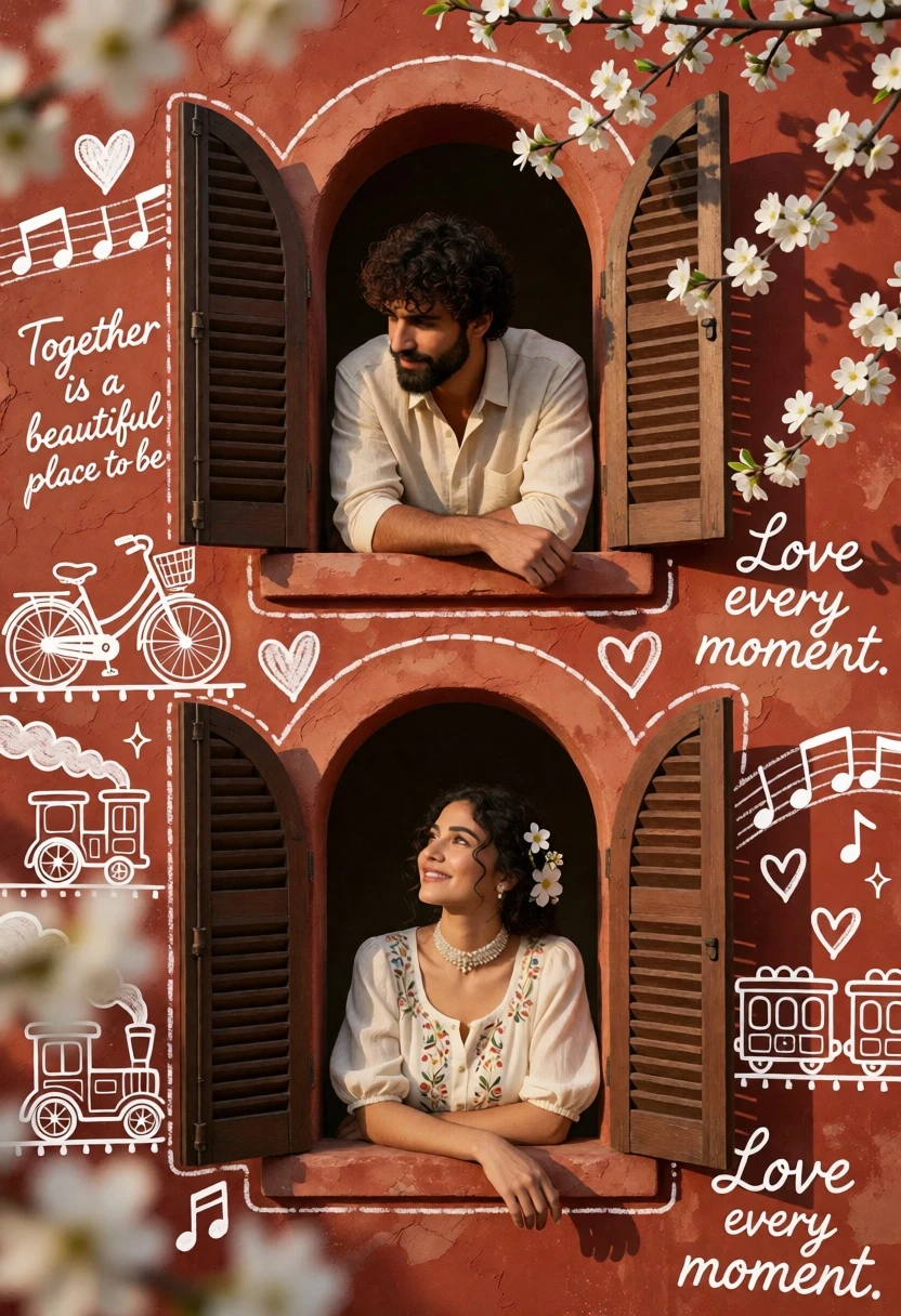 Romantic portrait of couple framed between arched windows on terracotta wall - AI generated image prompt sample