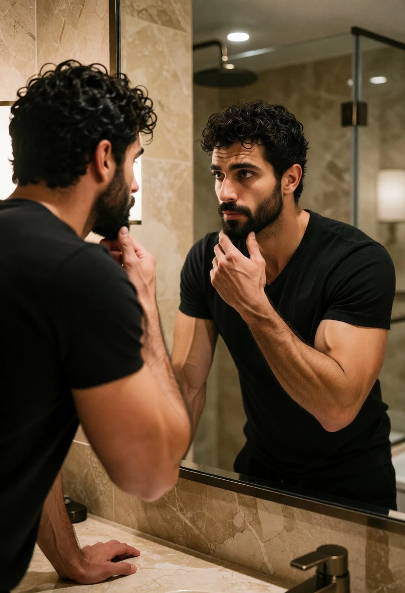 Muscular man examining reflection in modern bathroom mirror setting - AI generated image prompt sample
