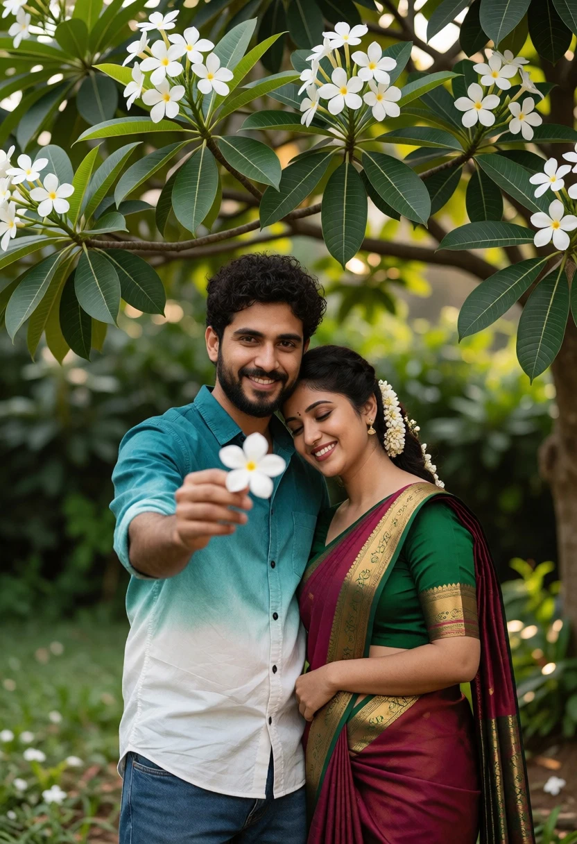 Romantic portrait of couple under flowering tree with white flower display - AI generated image prompt sample