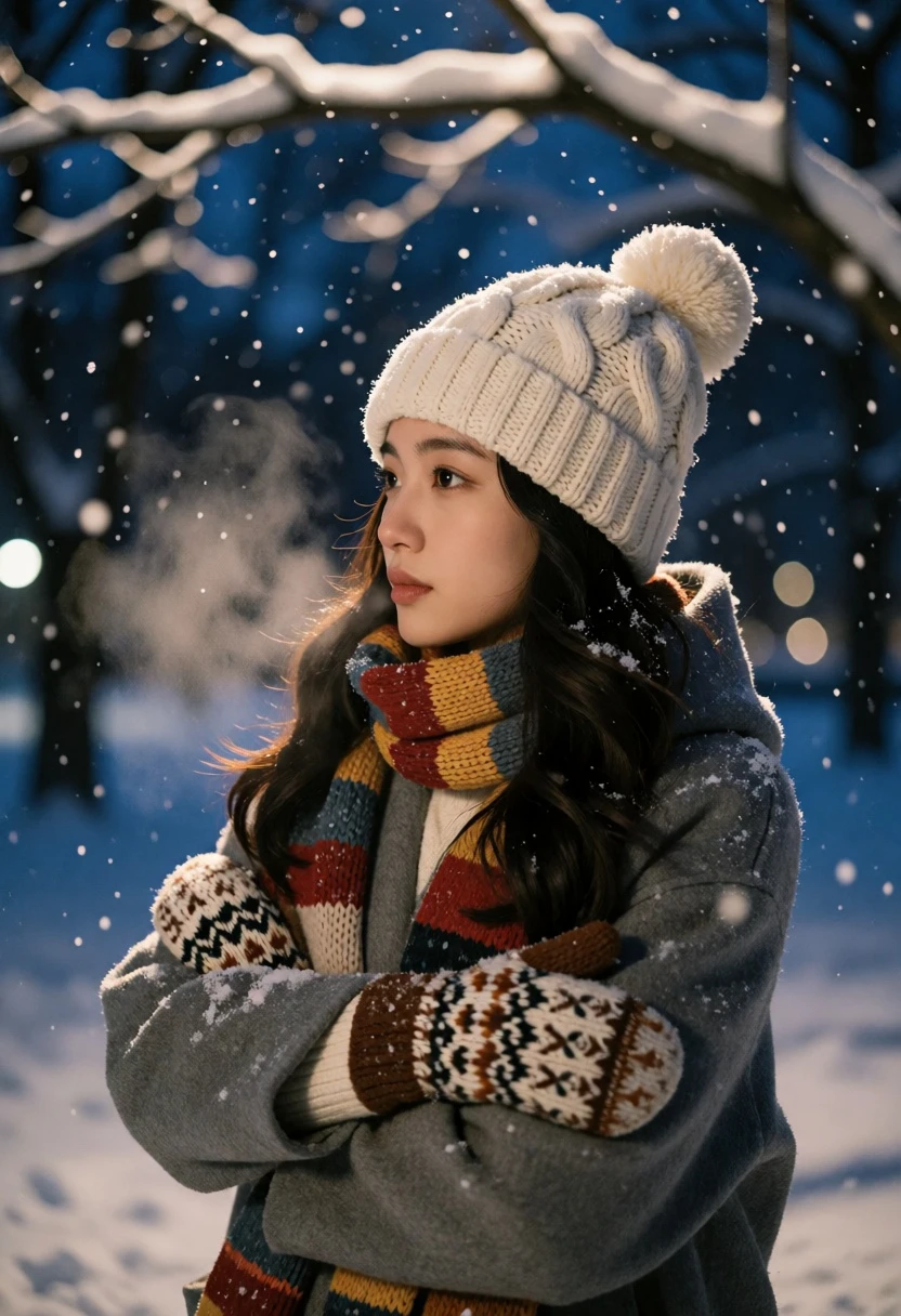 Young woman in grey coat against snowy winter night backdrop - AI generated image prompt sample