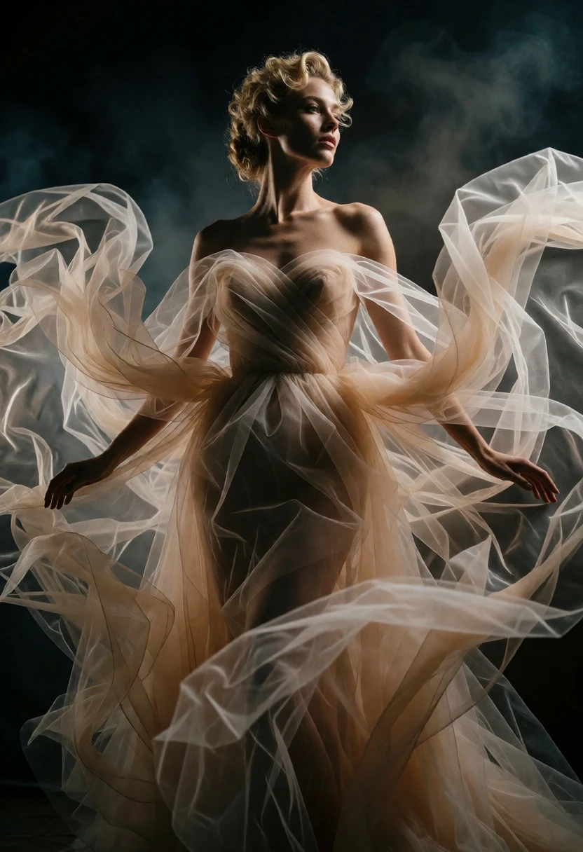 Fair blonde woman in voluminous tulle gown against a dark misty void - AI generated image prompt sample