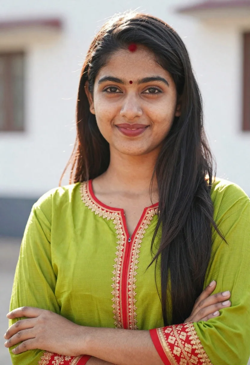 Portrait of young woman in green tunic with red embroidery outdoors