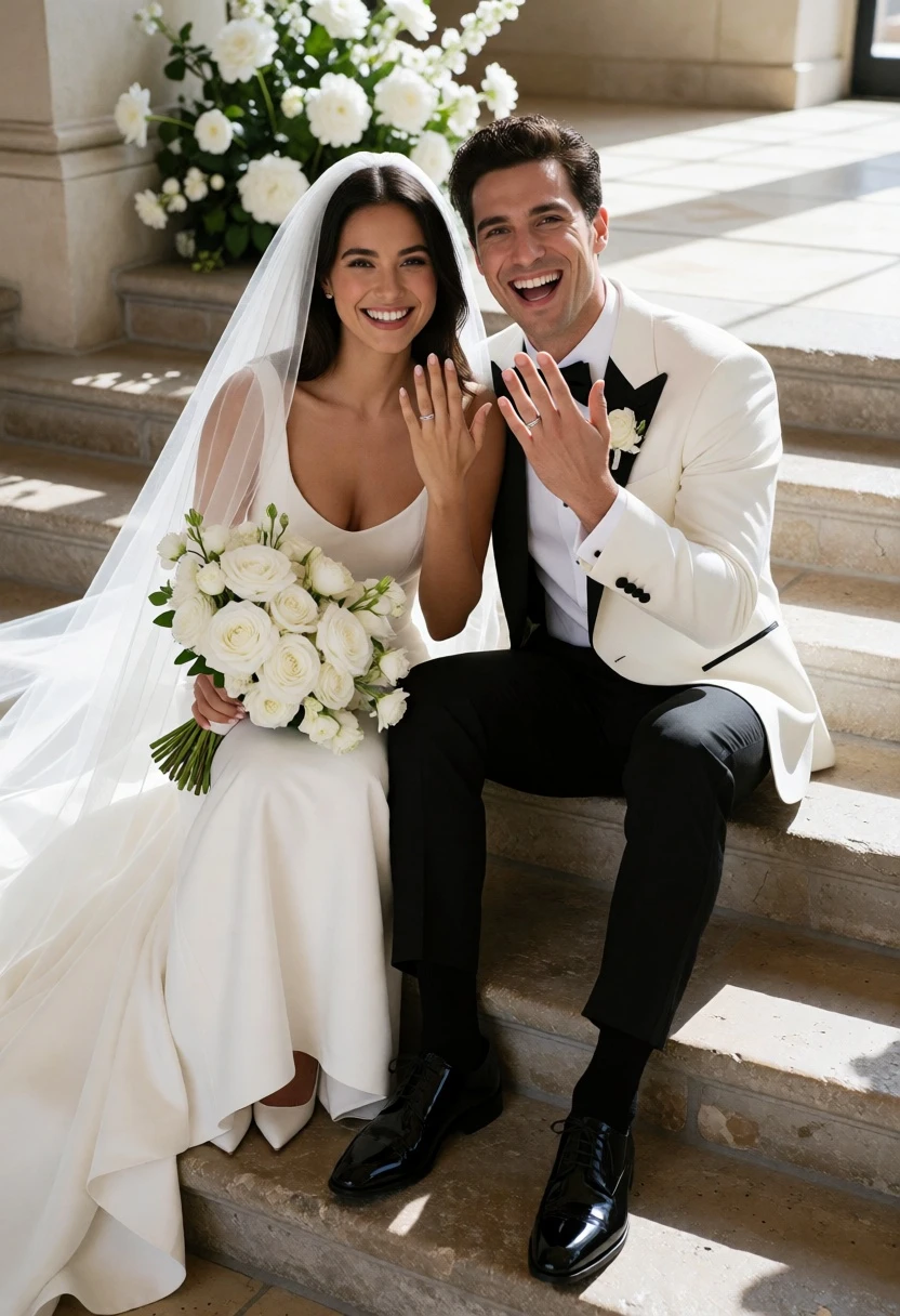 Smiling bride and groom seated on stone steps with white flowers indoors - AI generated image prompt sample