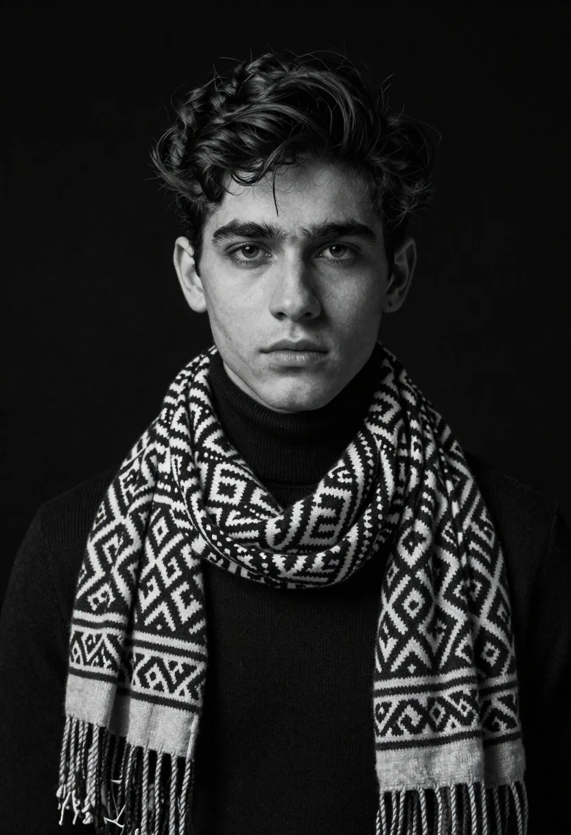 Black and white portrait of young man in turtleneck and patterned scarf - AI generated image prompt sample