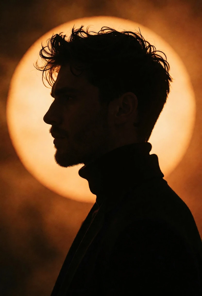 Dramatic male profile silhouette against a glowing orange circular light source - AI generated image prompt sample