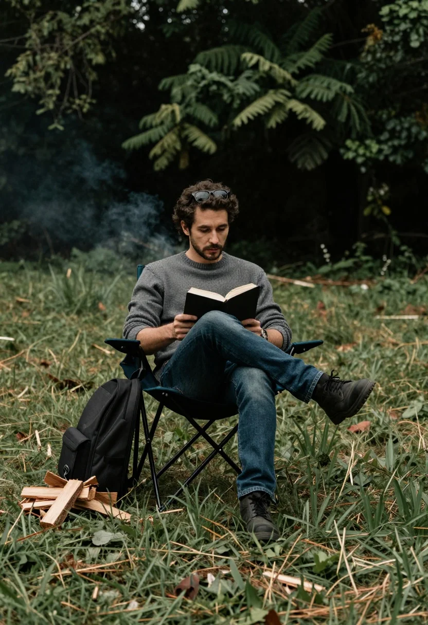 Man reading book in folding chair on grassy field near wood pile - AI generated image prompt sample
