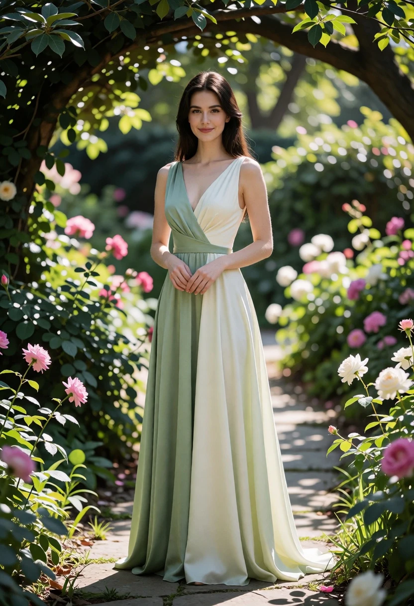 Full length portrait of young woman in green and white gown garden - AI generated image prompt sample