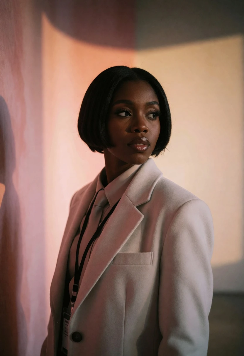 Black woman in blazer profile against softly lit pink beige wall - AI generated image prompt sample