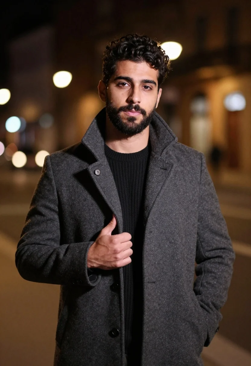 Portrait of man in dark overcoat standing on blurred city street at - AI generated image prompt sample