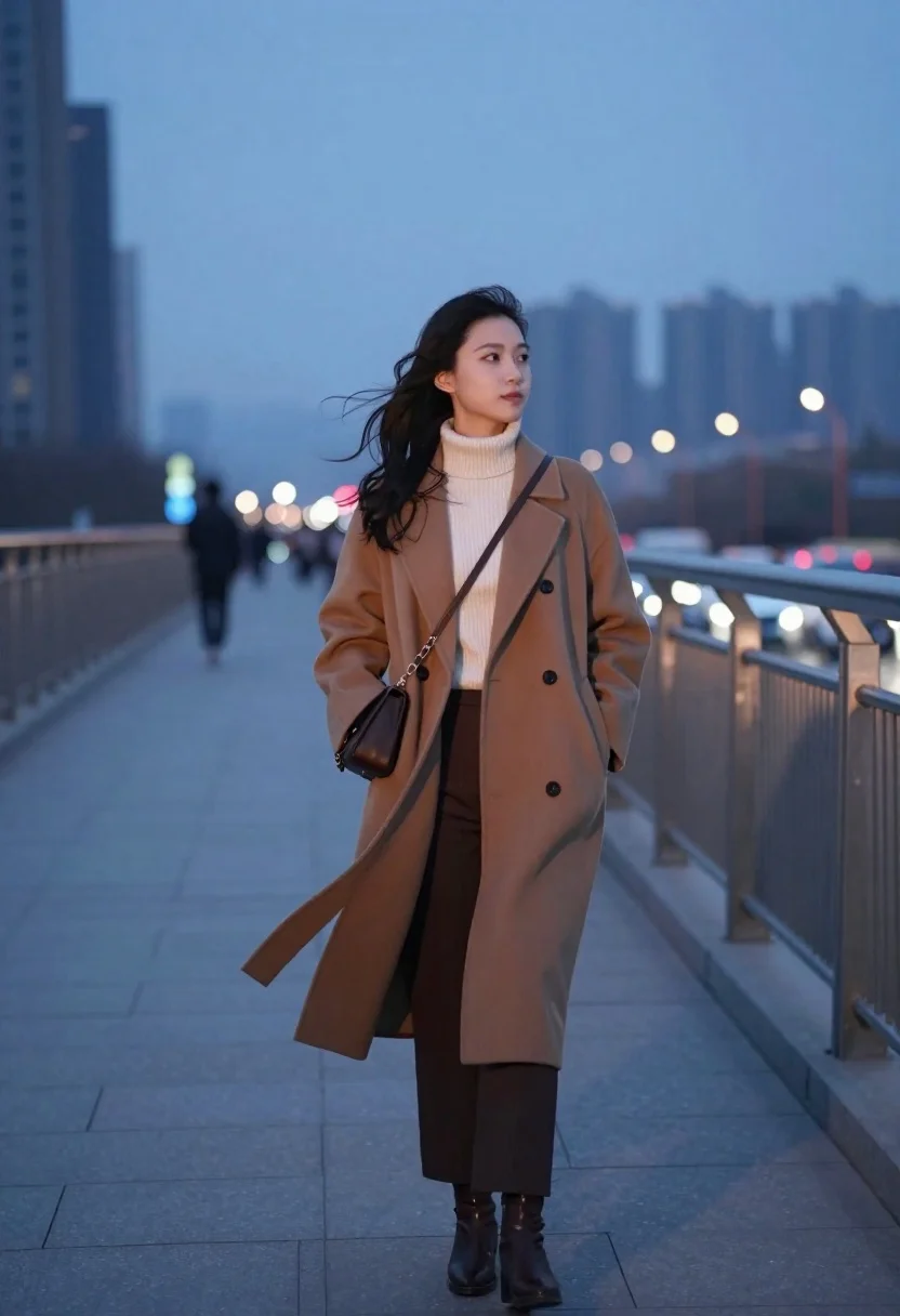 Young woman in camel coat standing on a pedestrian bridge overlooking city - AI generated image prompt sample
