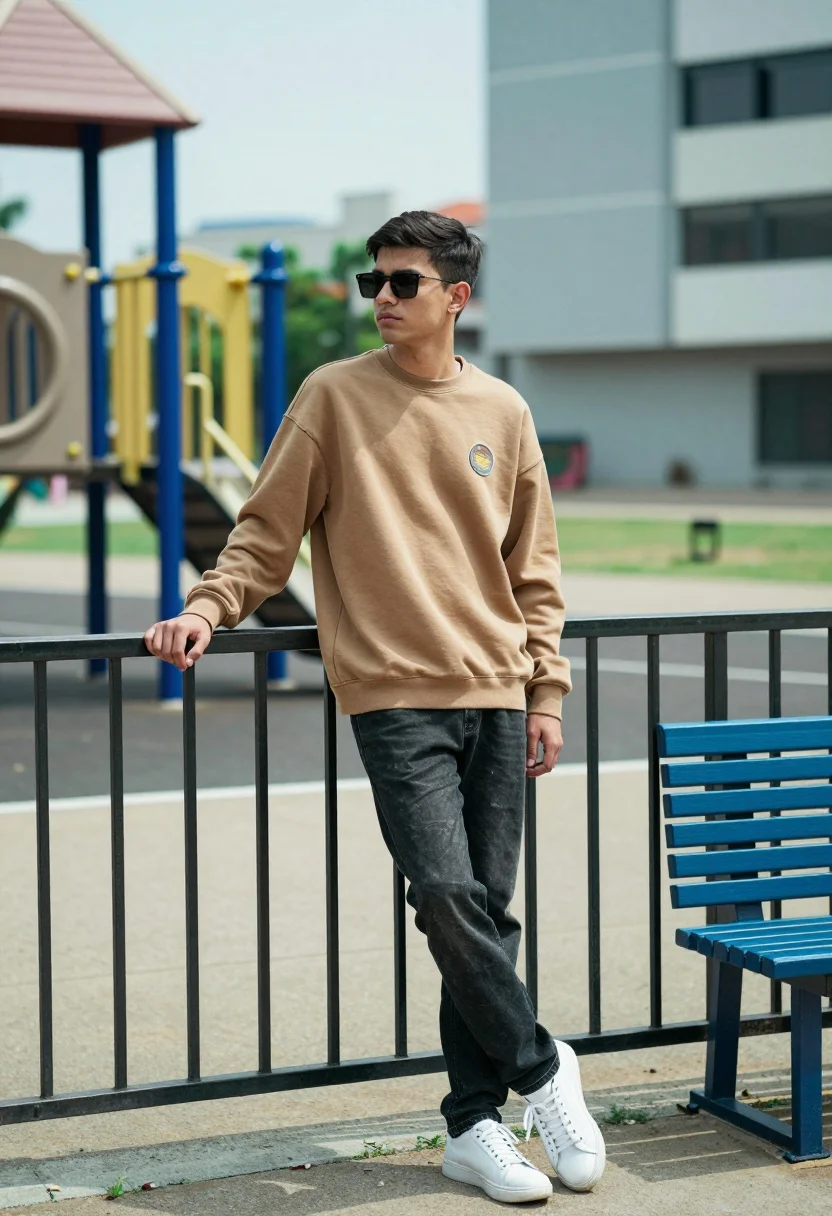 Young man leaning on metal railing in an urban park setting outdoors - AI generated image prompt sample
