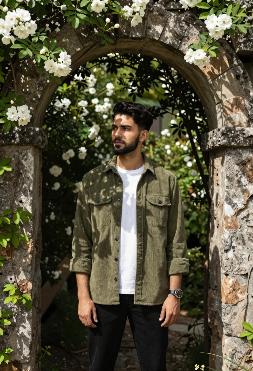 Young man in olive shirt standing inside a rustic stone archway with - AI generated image prompt sample