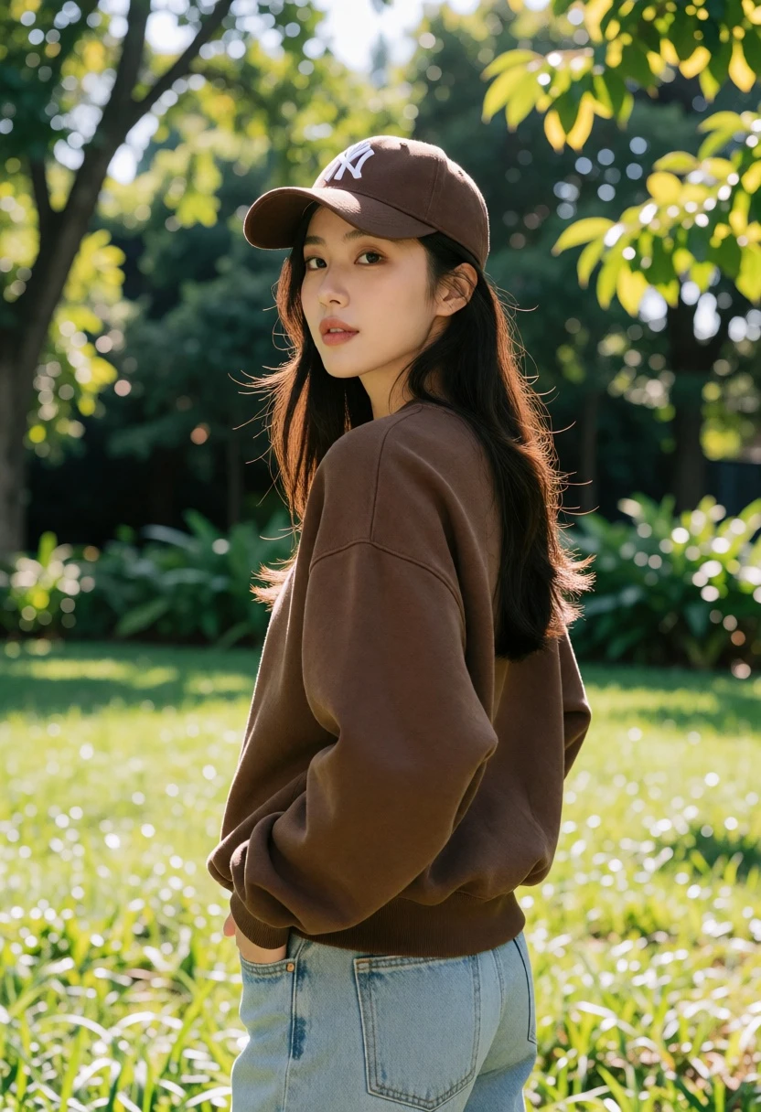 Young woman looking back over shoulder in sunlit green park setting - AI generated image prompt sample