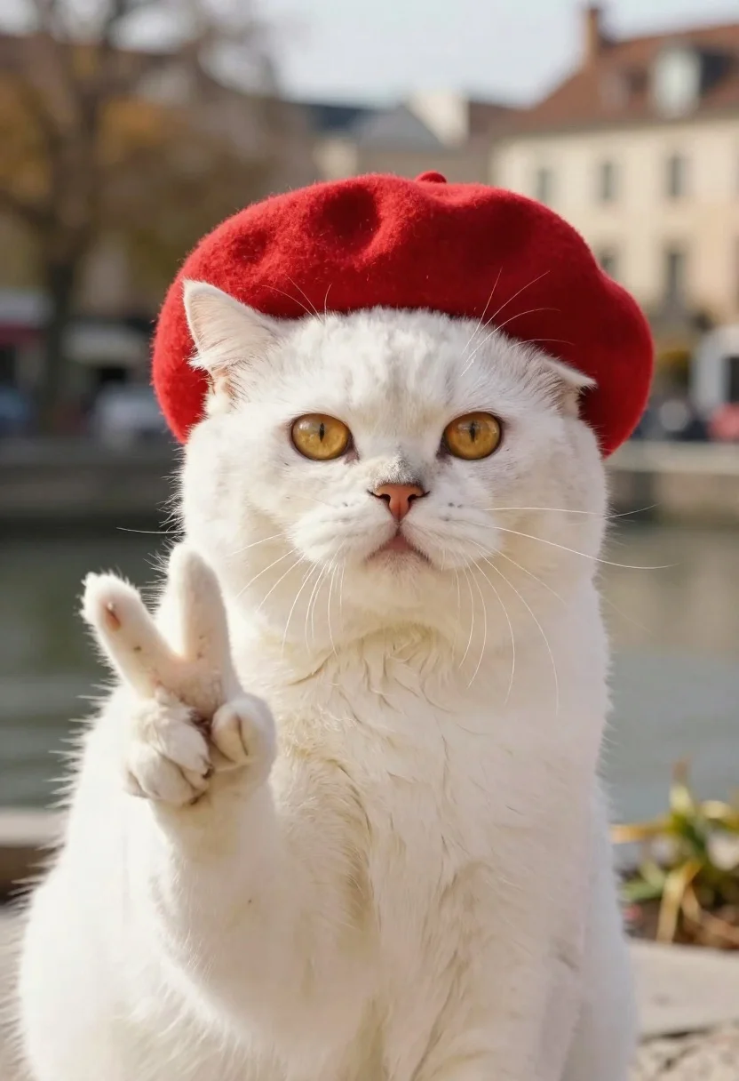 Fluffy white cat with red beret making peace sign