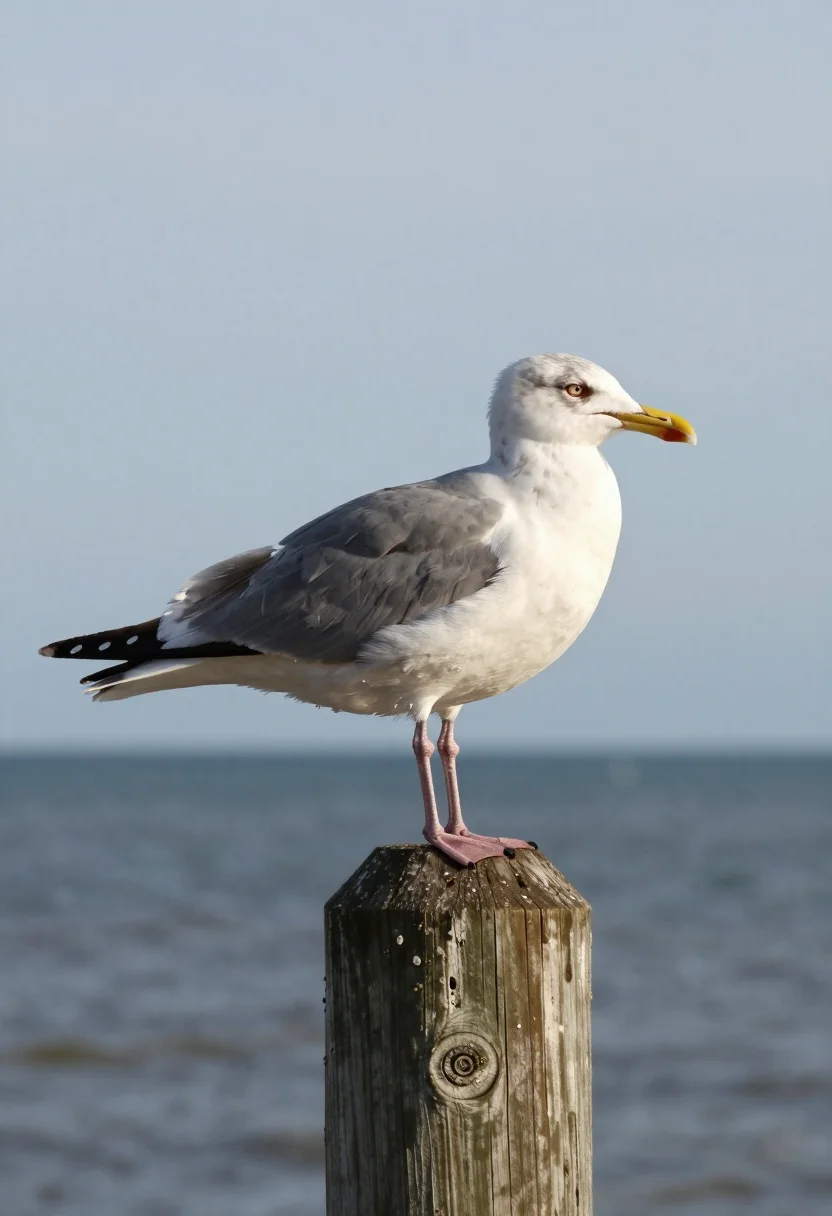 Seagull perched on weathered wooden post against soft coastal ocean backdrop - AI generated image prompt sample