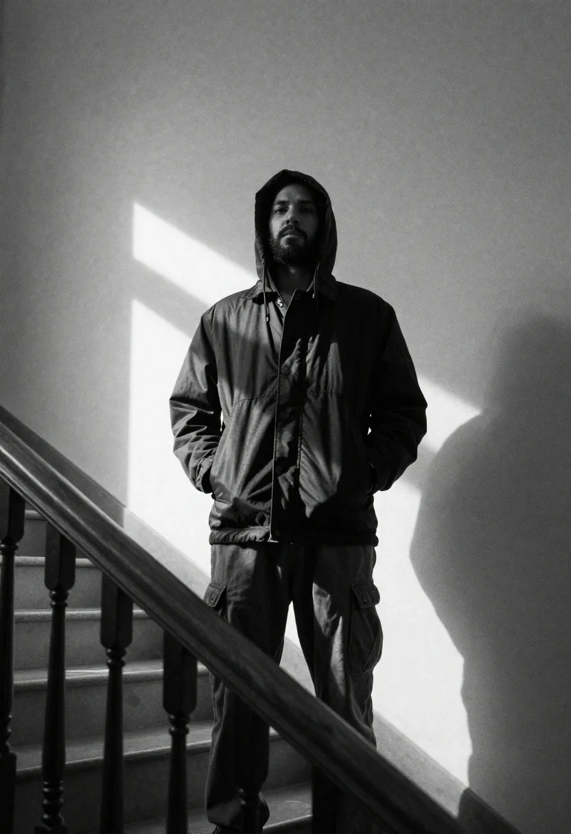 Black and white portrait of bearded man on staircase