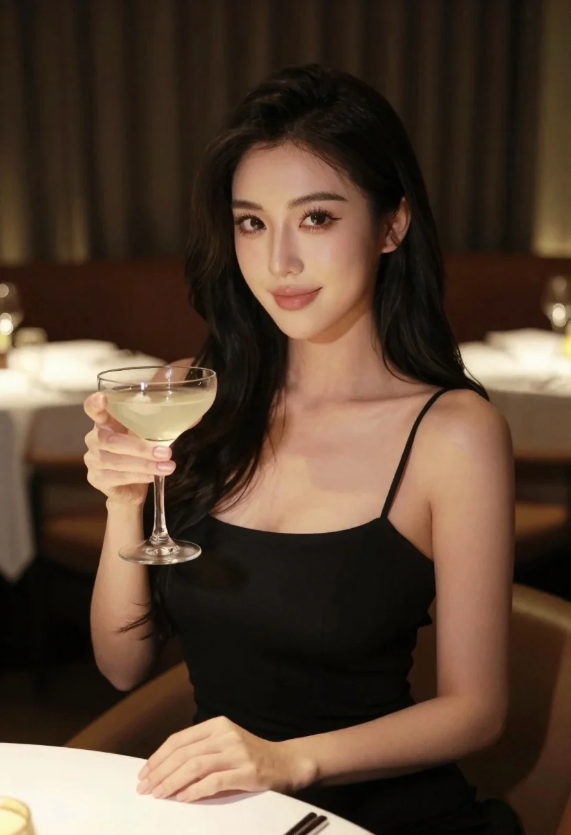 Woman in black dress holding cocktail glass at dimly lit restaurant table - AI generated image prompt sample