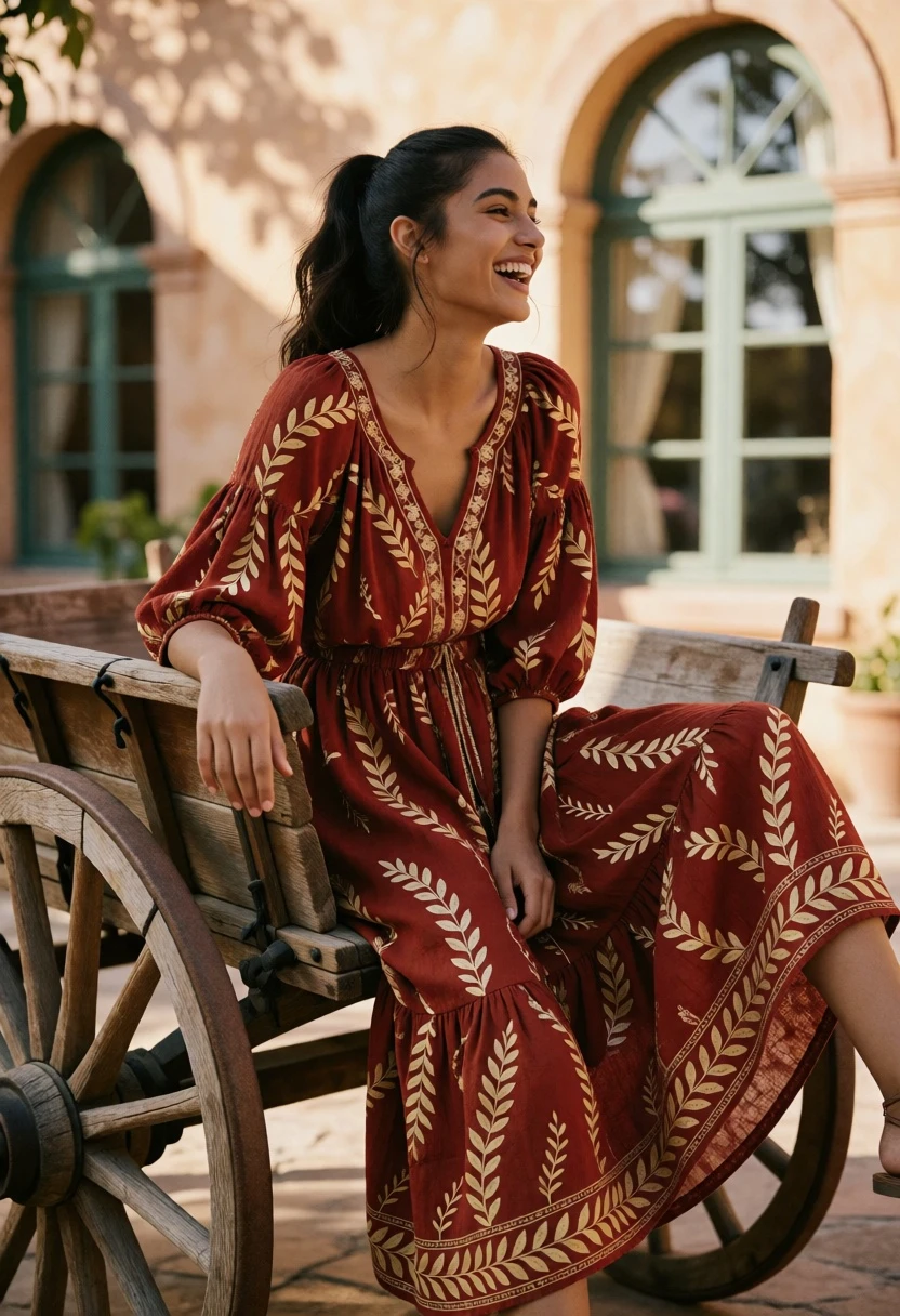 Laughing woman in rust red embroidered dress on rustic wooden cart - AI generated image prompt sample