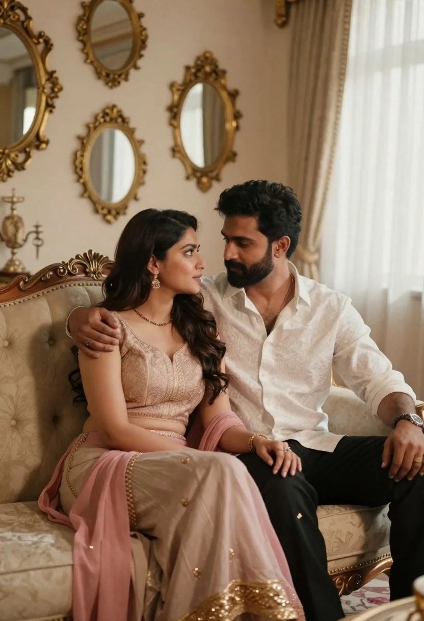 Romantic couple sitting together on an ornate sofa in luxurious room - AI generated image prompt sample