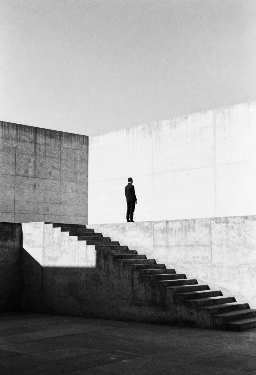 Solitary figure on elevated platform in minimalist architecture