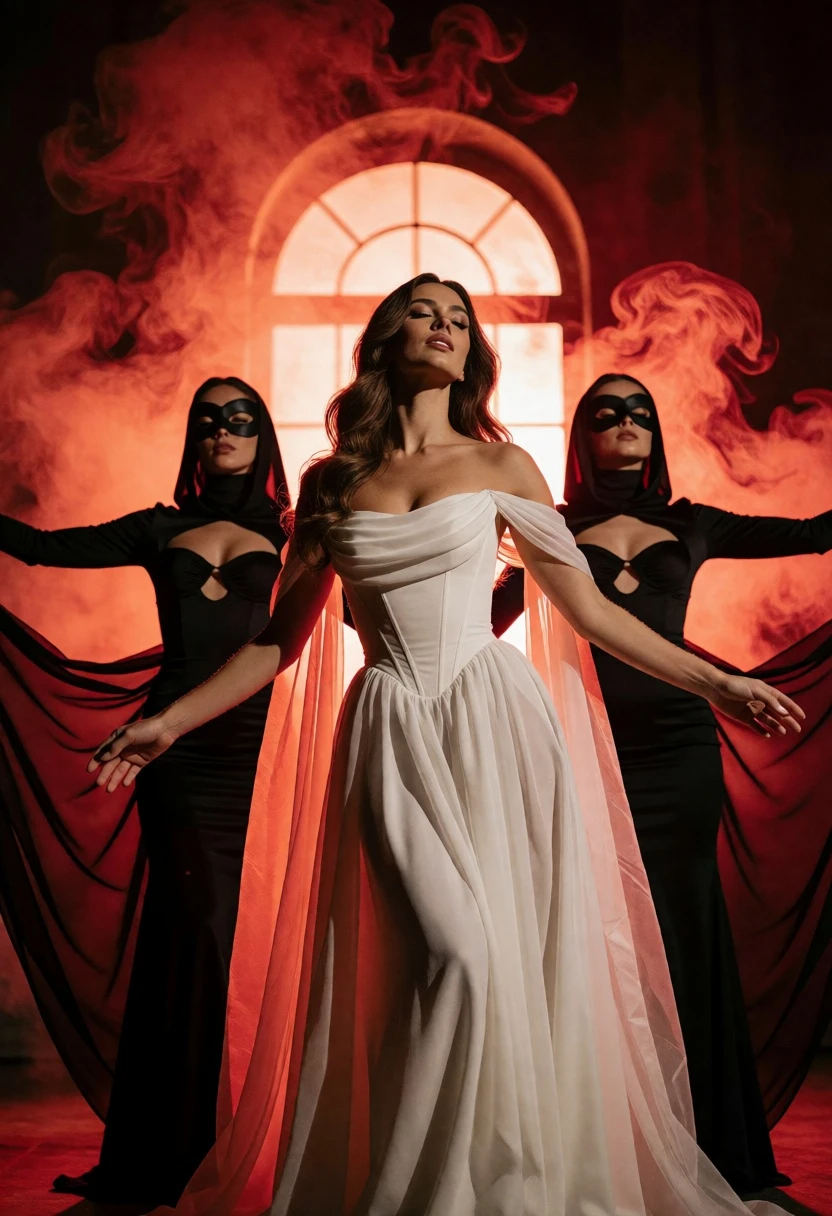 Woman in white gown flanked by masked figures against glowing arched window - AI generated image prompt sample