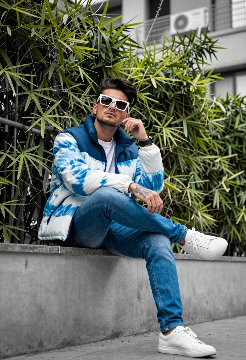 Man sitting on concrete ledge with bamboo backdrop at low angle - AI generated image prompt sample