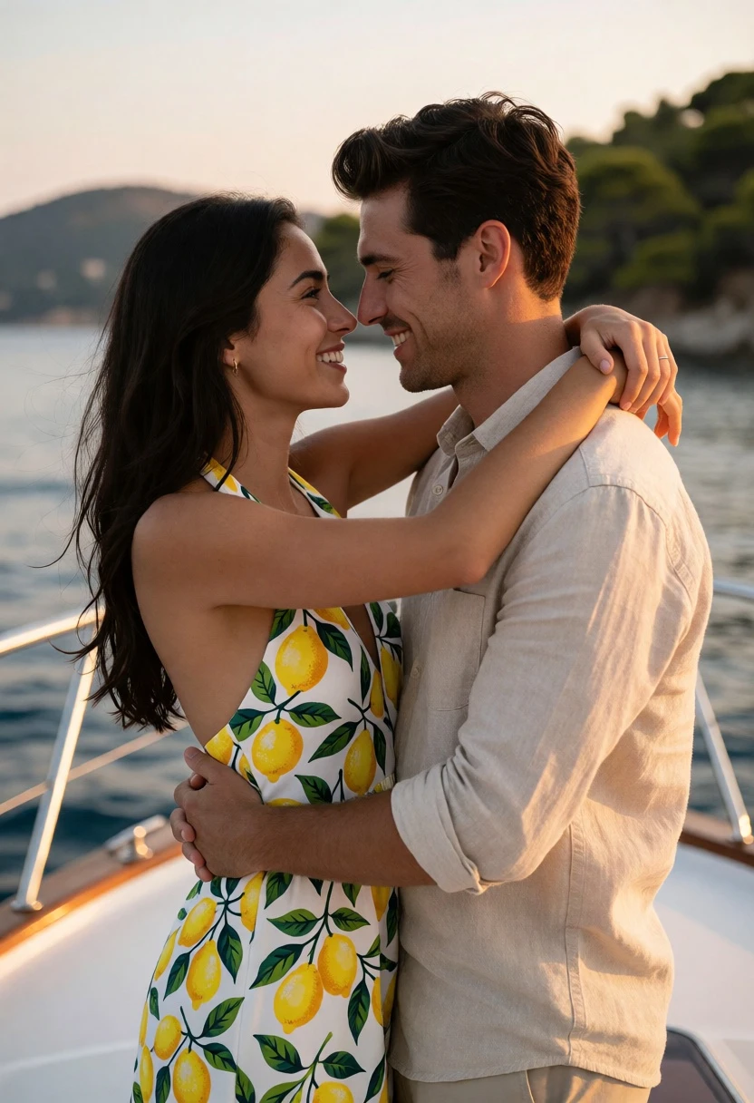 Couple embracing on boat deck at sunset with yellow lemon pattern dress - AI generated image prompt sample