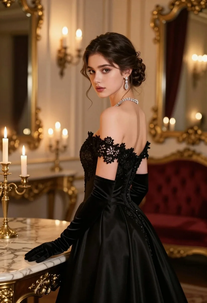 Young woman in black lace gown looking over shoulder in opulent salon - AI generated image prompt sample