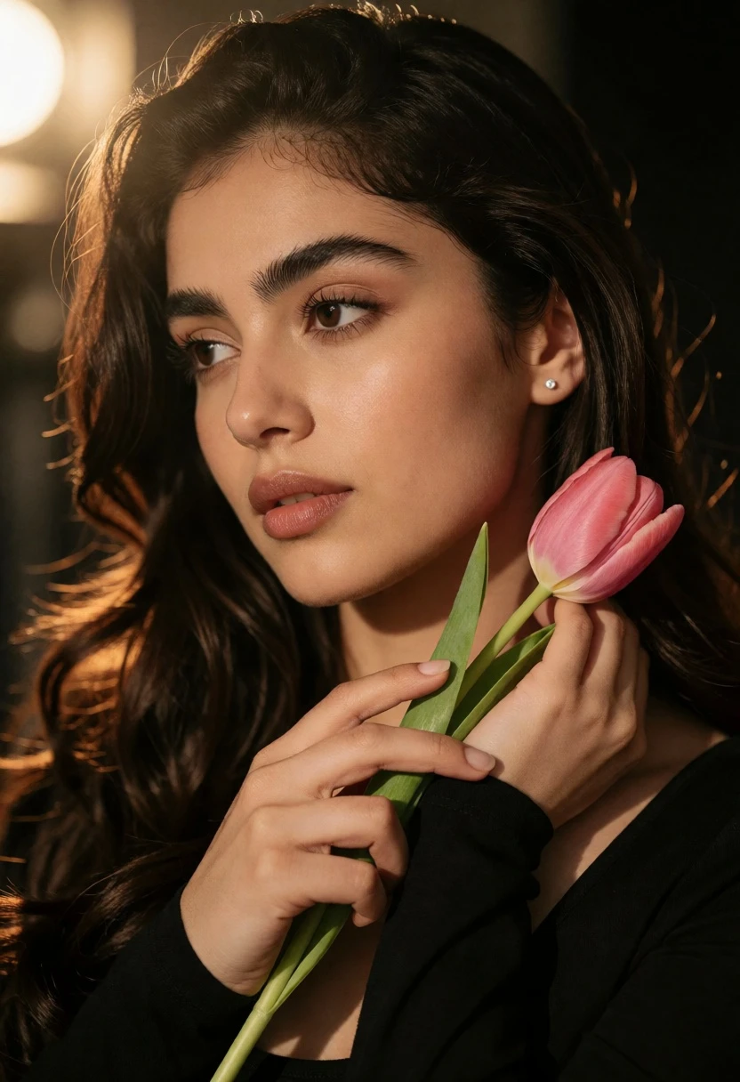 Close up portrait of young woman holding pink tulip against dark background - AI generated image prompt sample