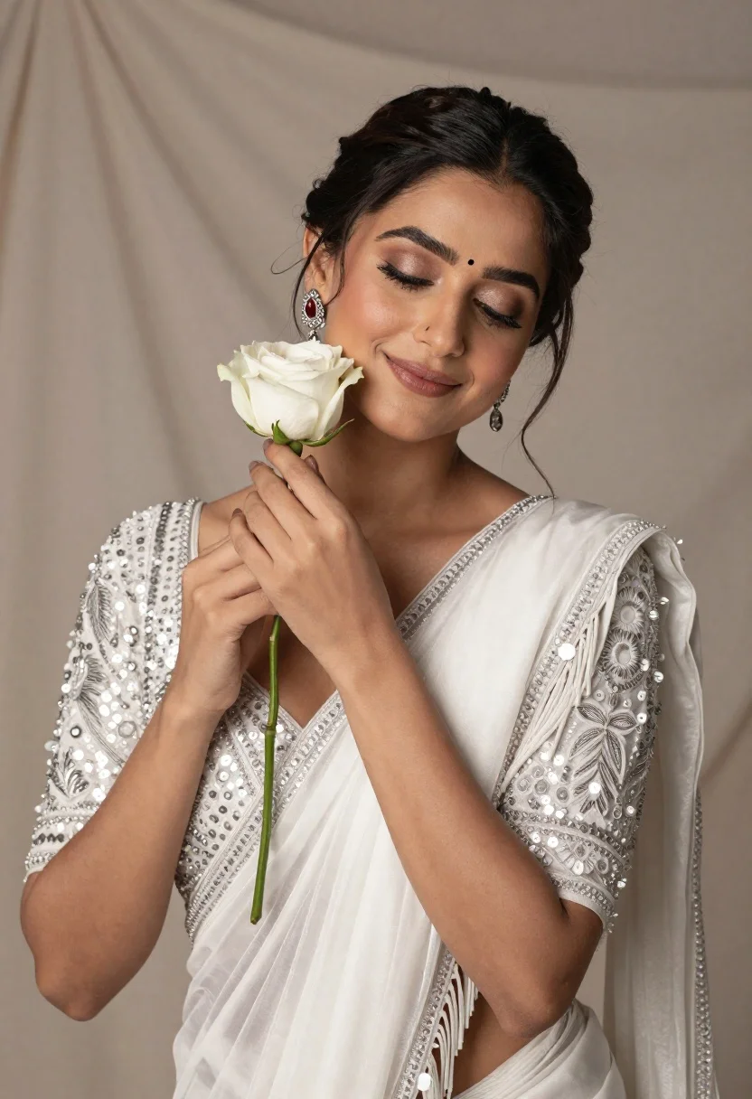 Beautiful woman with dark hair holding white rose in shimmering saree