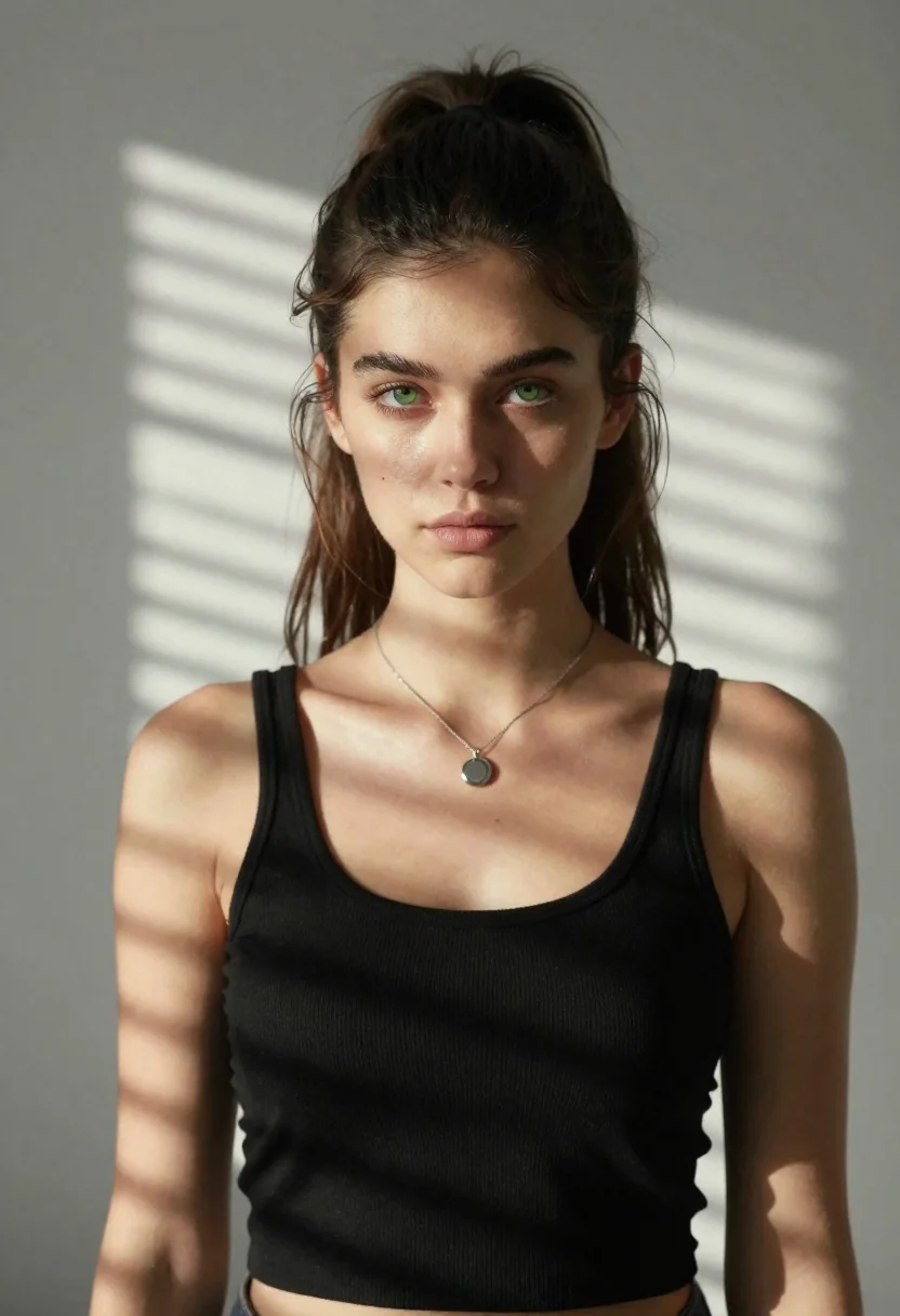 Portrait of young woman with dark hair and green eyes in shadows - AI generated image prompt sample