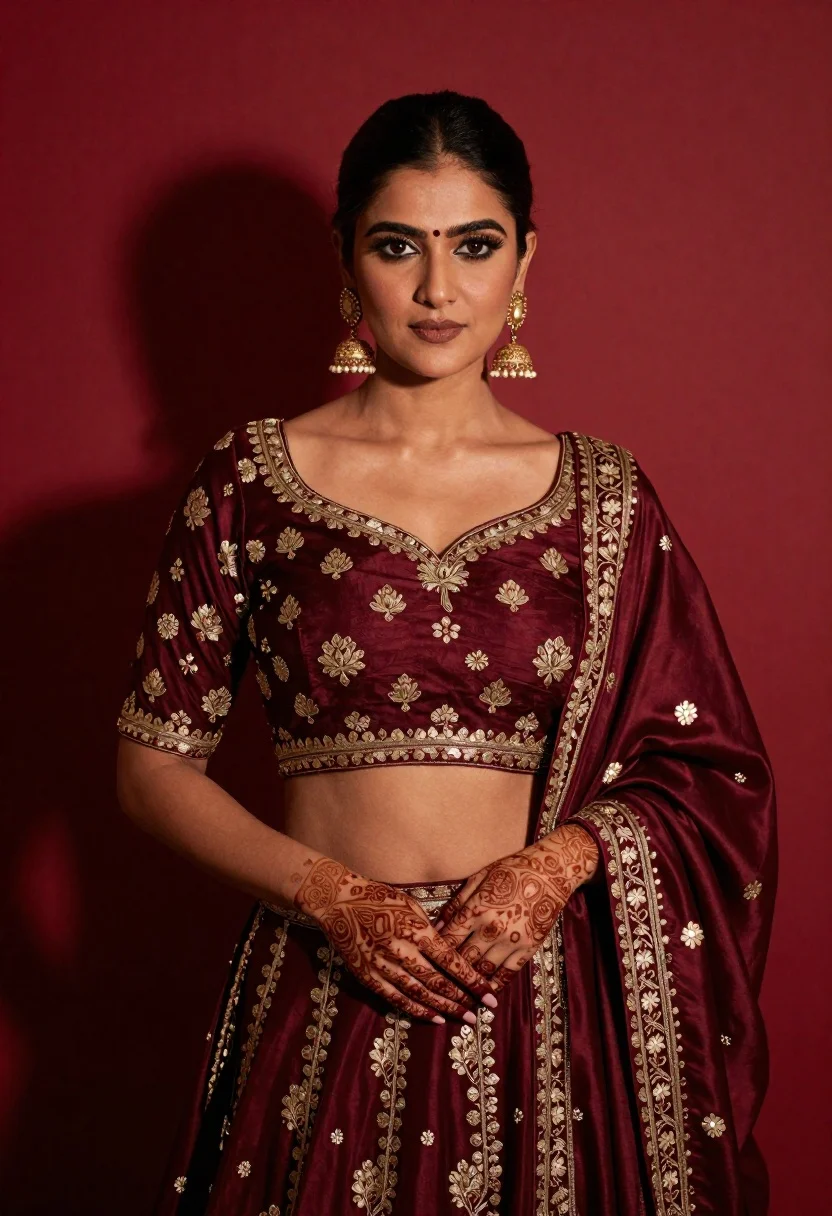 Confident woman in maroon lehenga choli with gold embroidery against red background