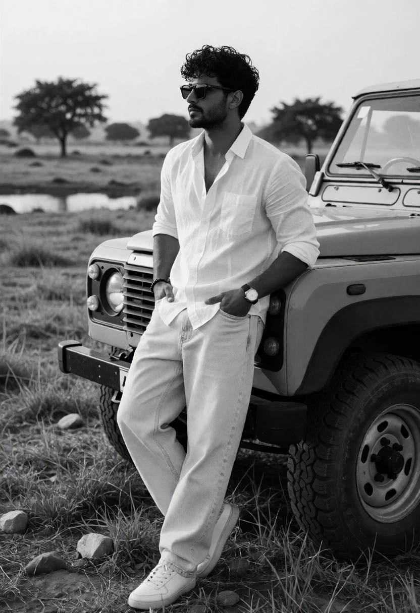 Man leaning against rugged offroad vehicle in open grassy field - AI generated image prompt sample