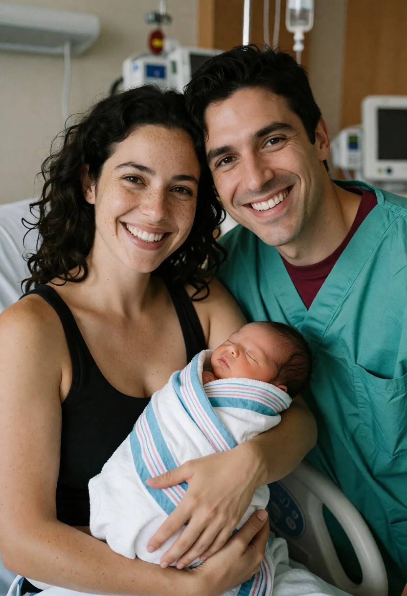 Joyful hospital portrait of new parents with newborn baby in room - AI generated image prompt sample