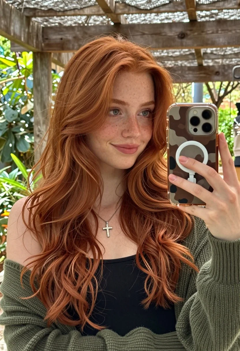 Young woman with red hair taking mirror selfie under wooden pergola structure - AI generated image prompt sample