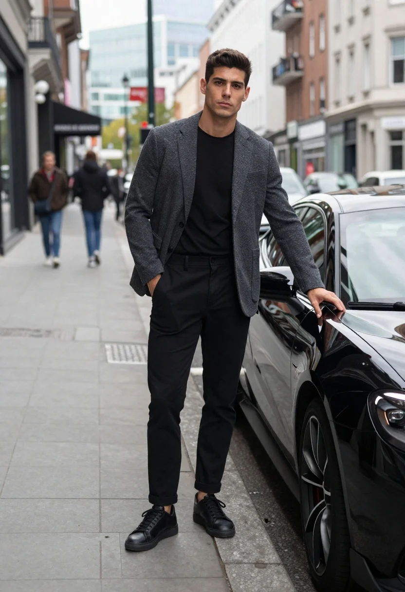 Handsome young man by black sports car on modern city sidewalk - AI generated image prompt sample