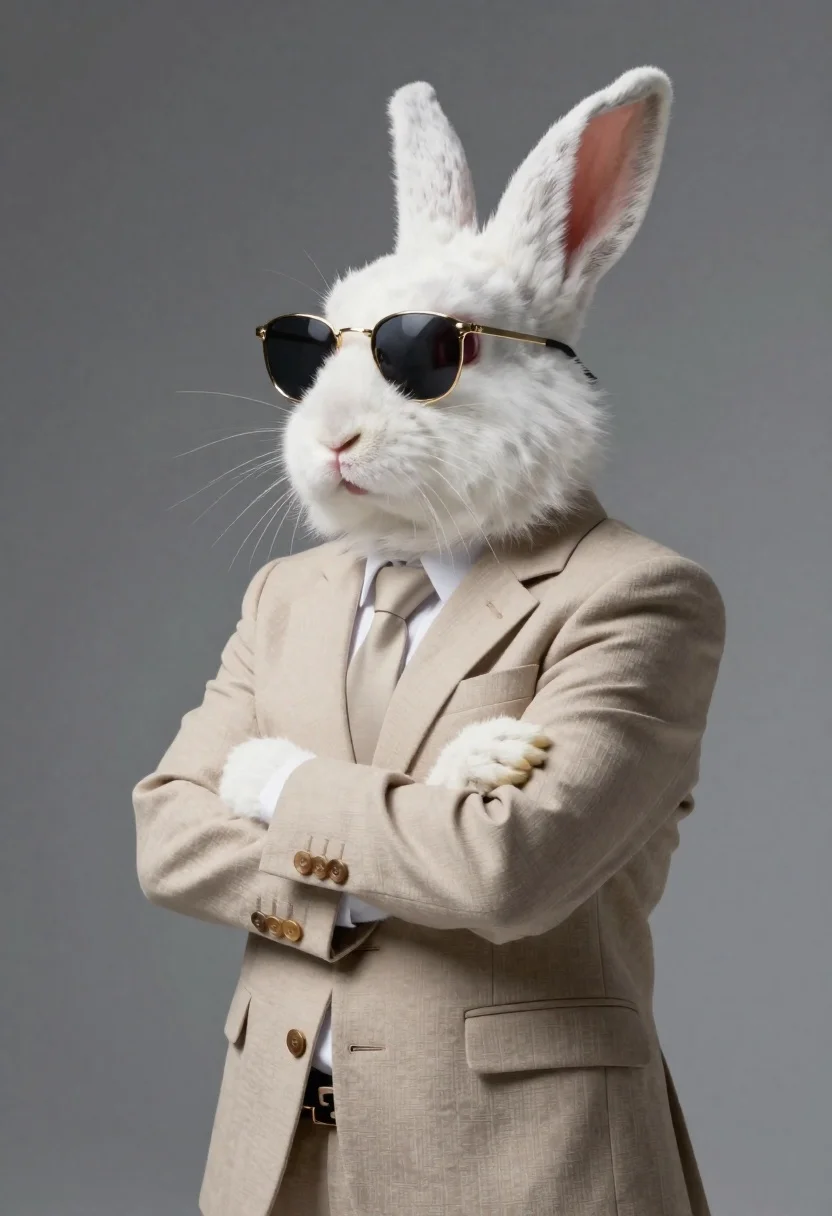 Hyperrealistic white rabbit in beige blazer against gradient background