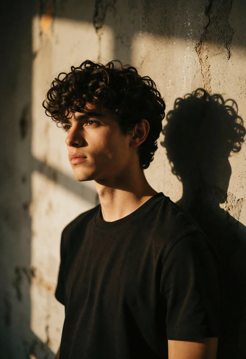 Young man with dark curly hair against textured concrete wall in sunlight - AI generated image prompt sample